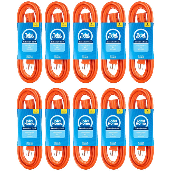 10 Pack - Total Home Single Outlet Grounded 8 Foot Extension Cord Orange Total Home